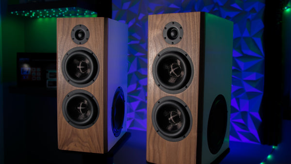 Pair of Epic HiFi DIY bookshelf speakers with walnut front baffles